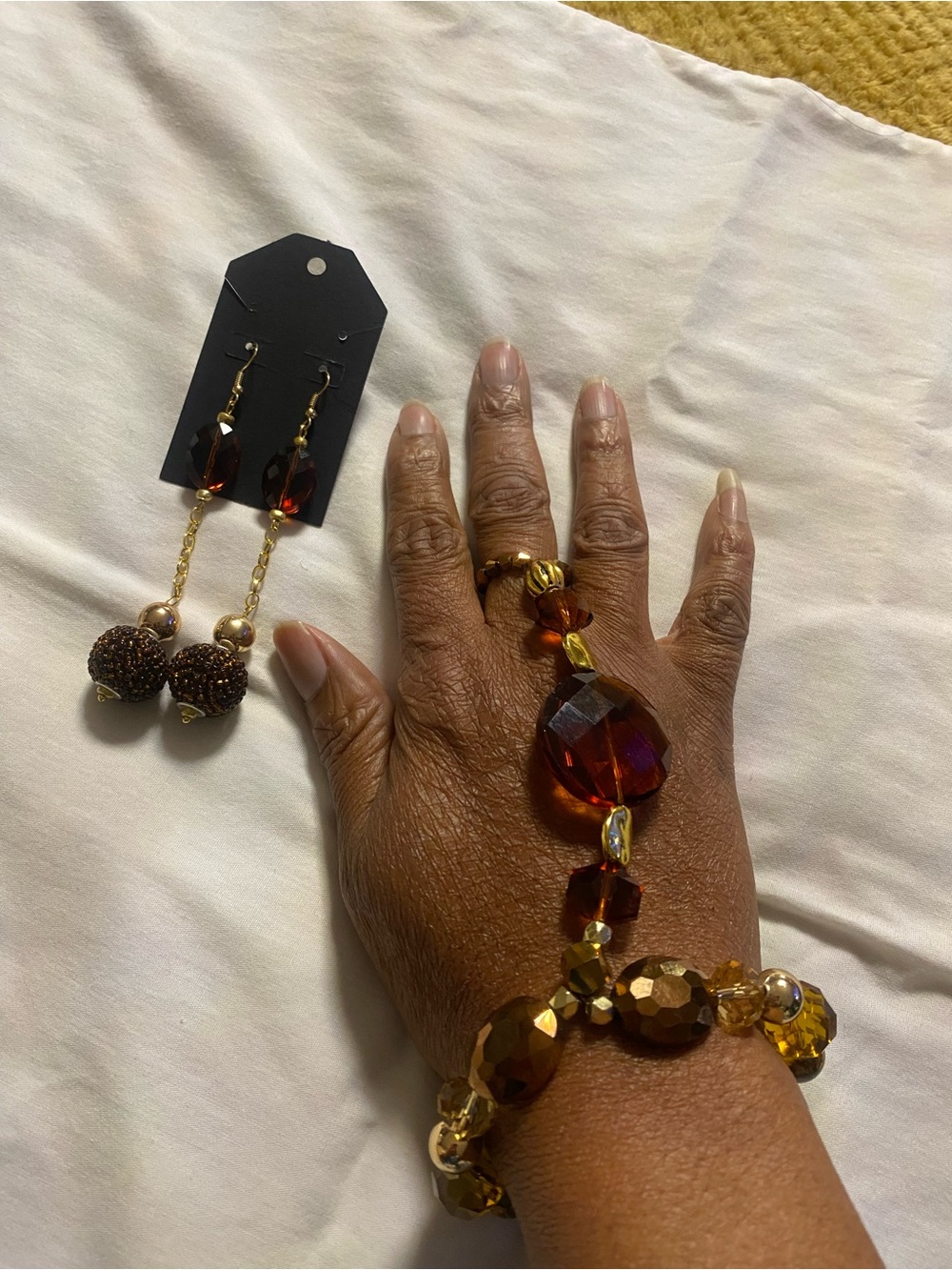 Amber Glass Bead Bracelet and Drop Earrings Set - Women Jewelry